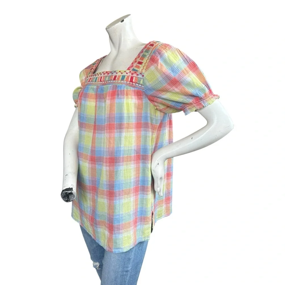 Johnny Was DELACEY PUFF SLEEVE PEASANT TOP Pastel Plaid Square Neck Size Small